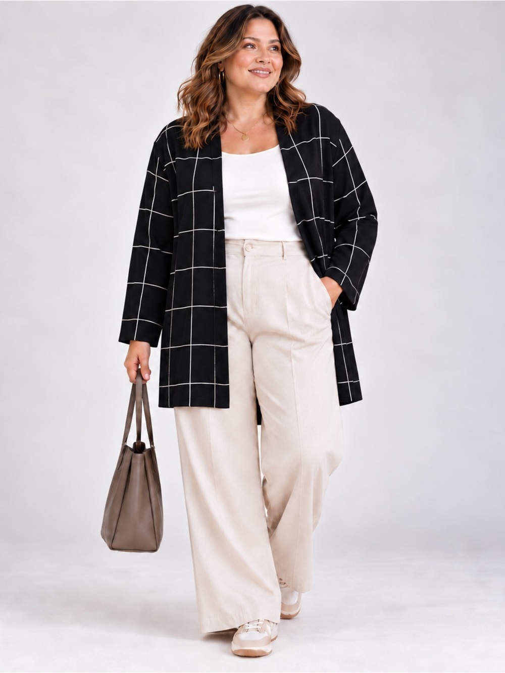 Eileen Fisher 100% Wool Windowpane Check Long Open Cardigan Black White Plus 3X